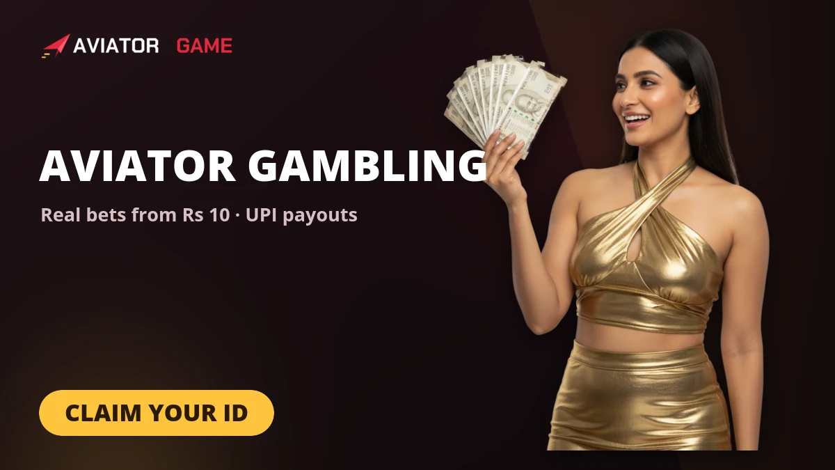 Aviator gambling banner — winner holding cash, real bets from Rs 10 with UPI payouts