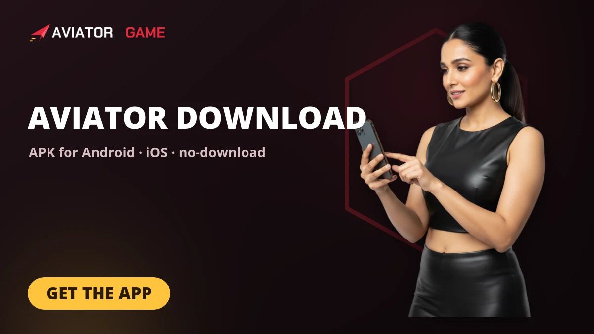 Aviator game download banner — model installing the APK on her Android phone