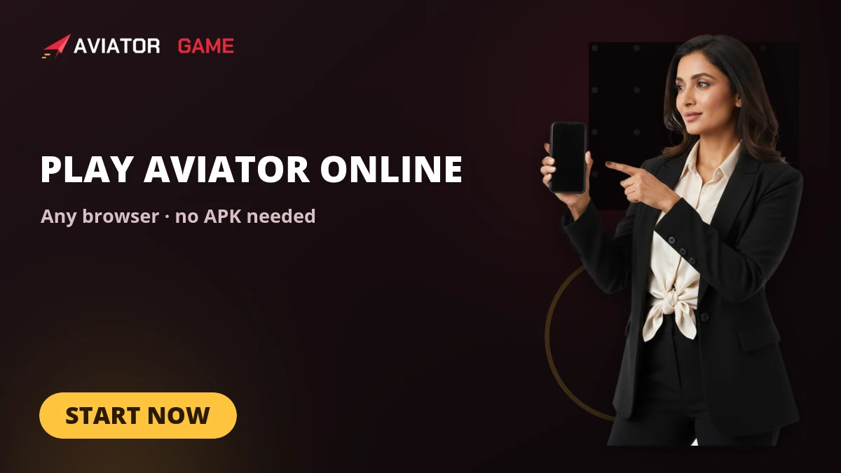 Aviator game online banner — model pointing at the game open in a phone browser